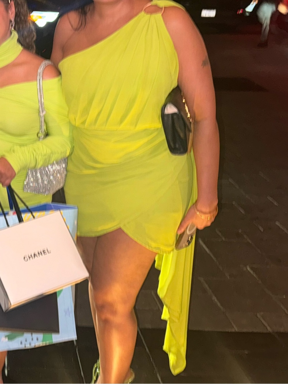Fashion Nova Lime Green One-Shoulder Mini Dress